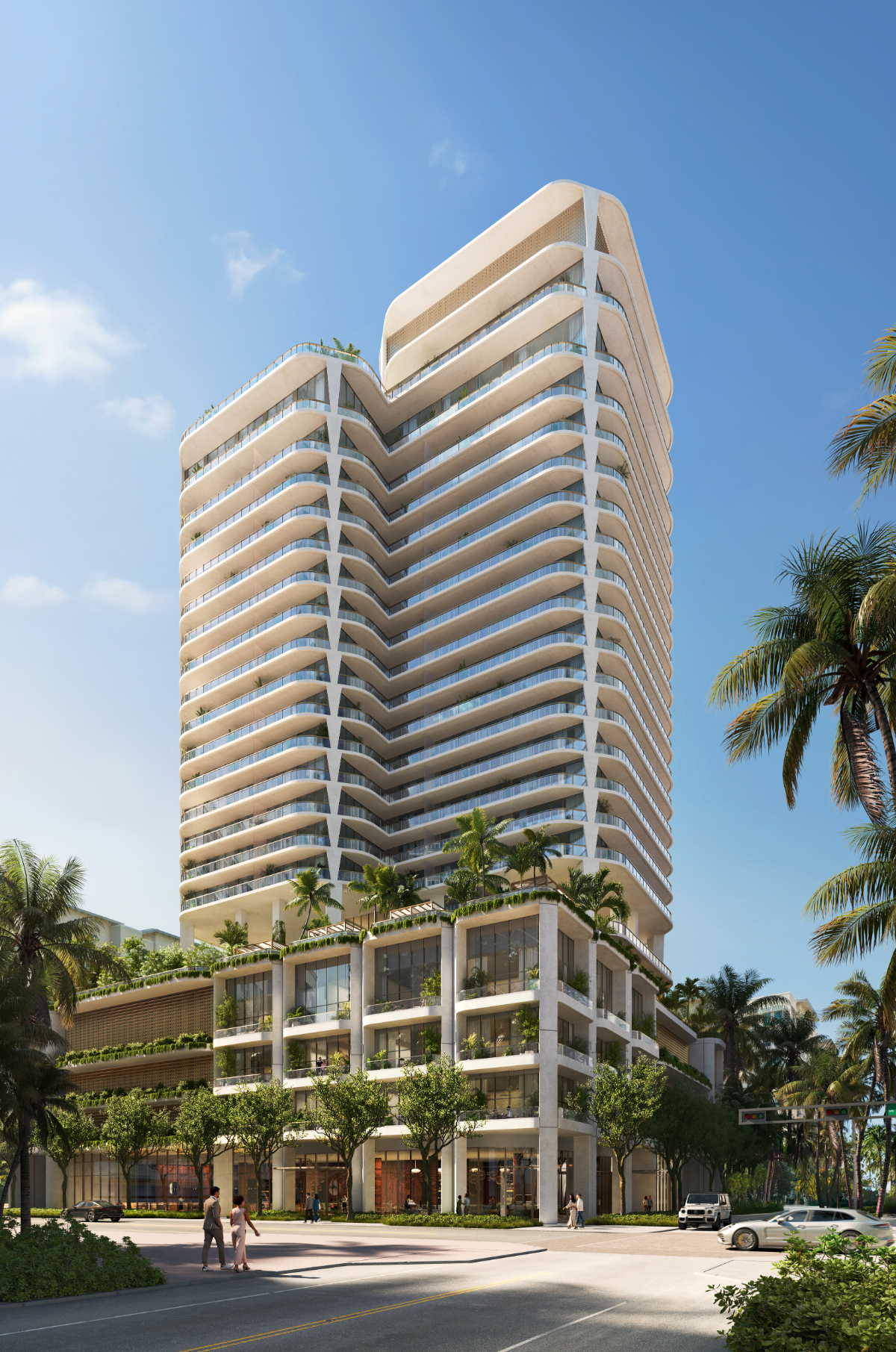 Rendering of Banyan Tree Residences West Palm Beach, a curving white tower with planted terraces and palms