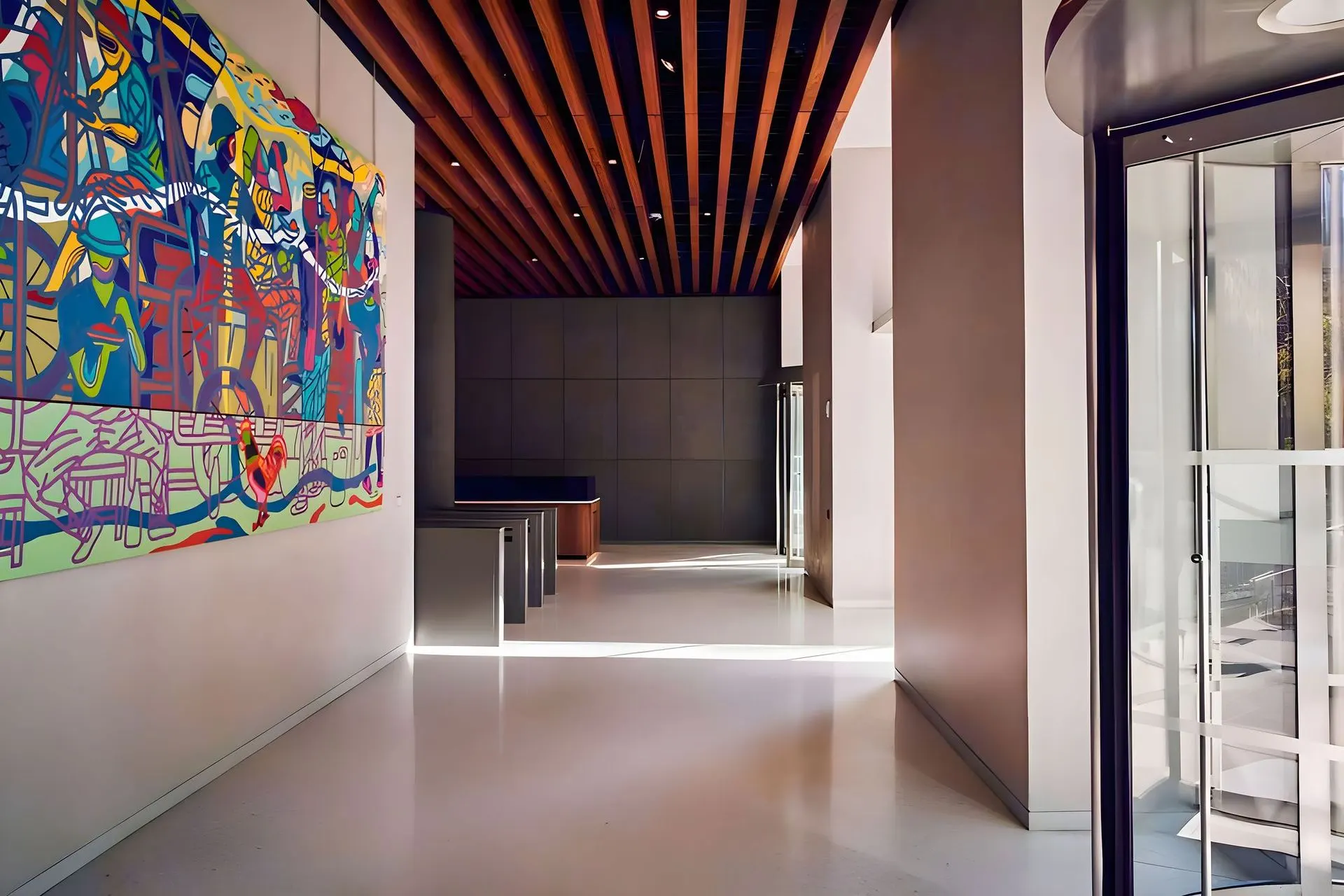 Office building lobby with a long, colorful graphic mural beneath a wood slat ceiling