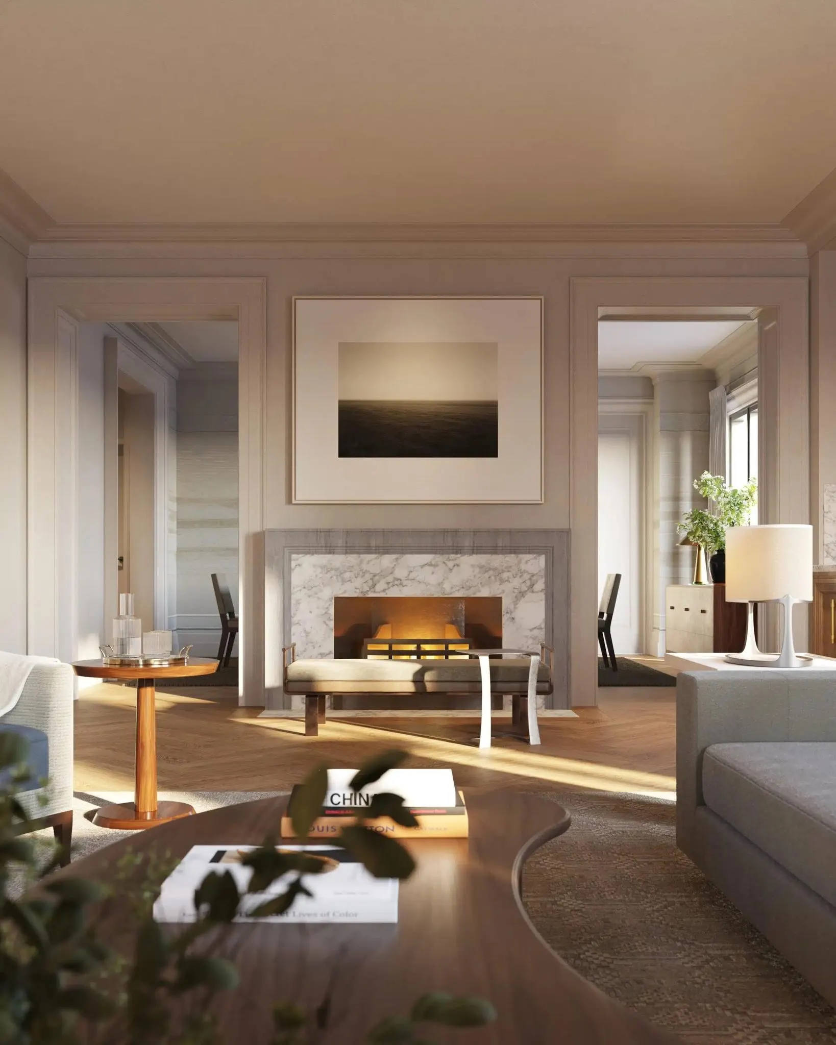 Rendering of a salon with a framed minimal seascape photograph above a marble fireplace
