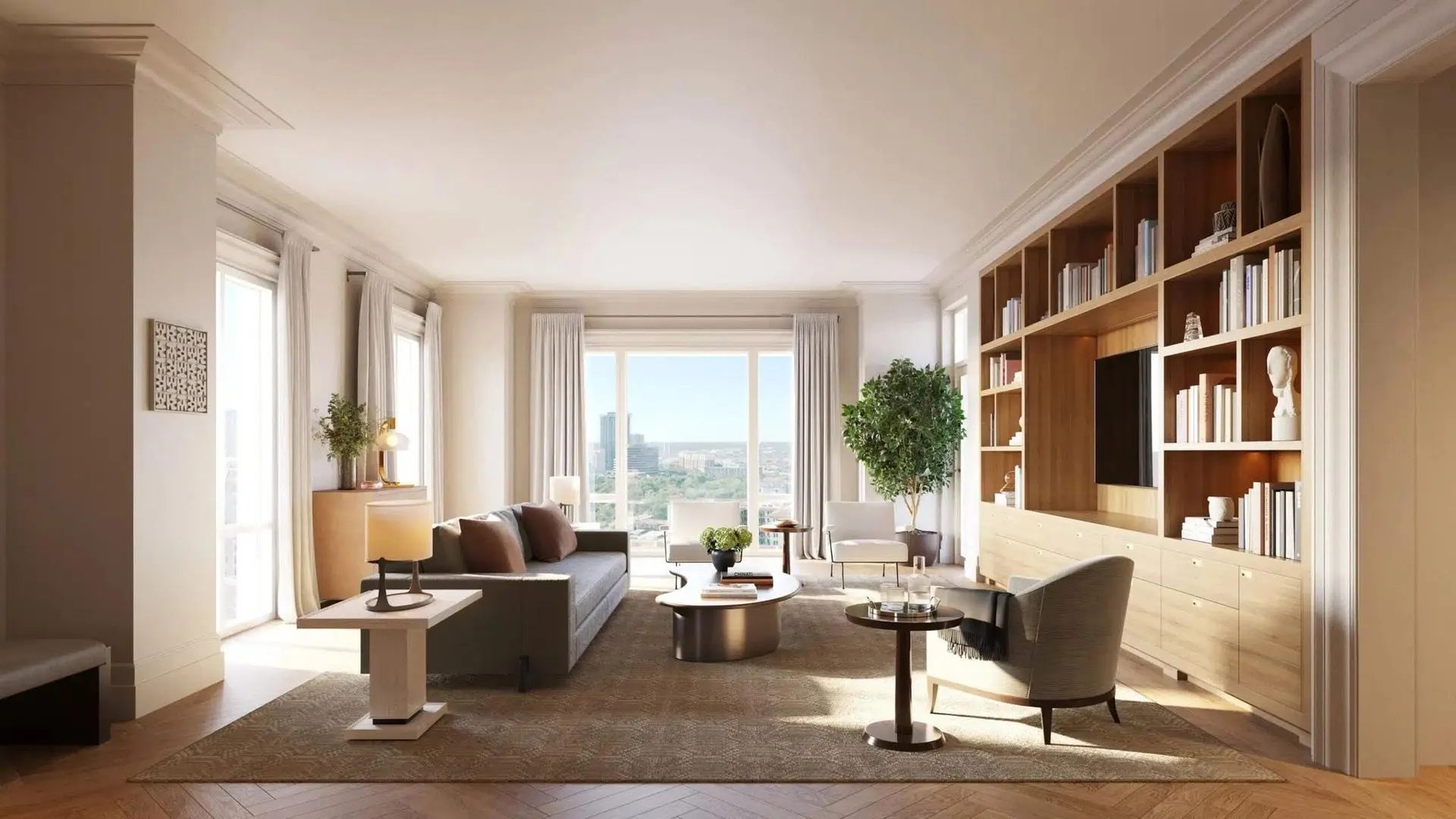 Rendering of a bright living room with wood bookshelves, a gray sofa and a small framed artwork near the windows